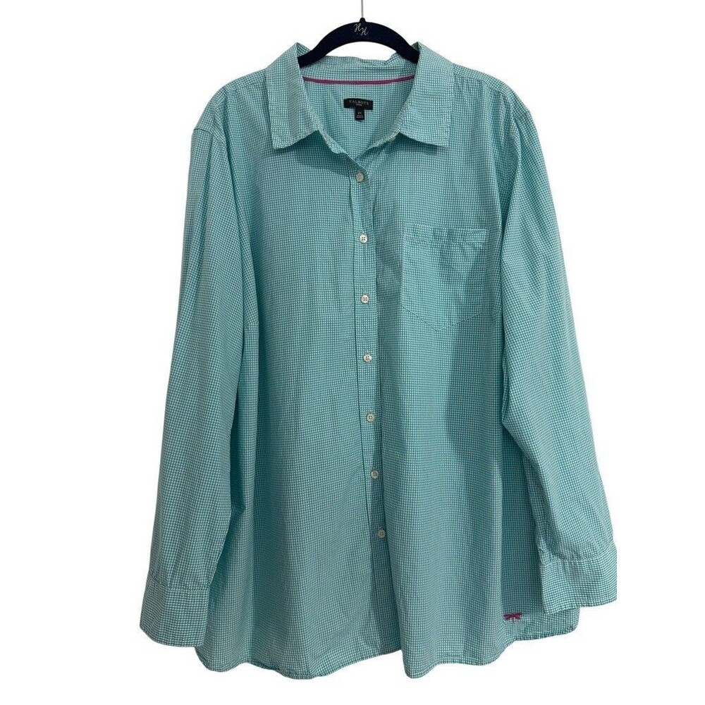 Talbots Shirt Women 2X Green White Gingham Button Up Cotton Long Sleeve Pocket
